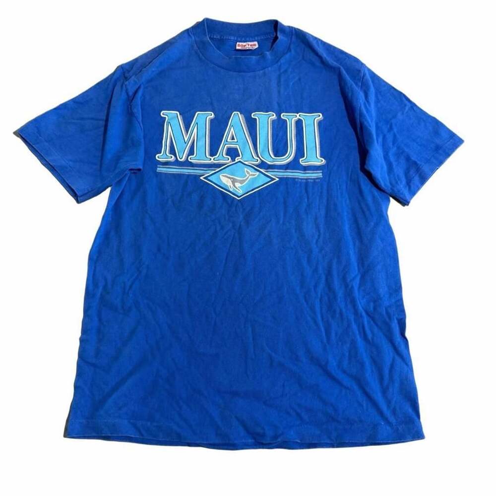 90s Sof Tee Maui Whale Graphic T-Shirt Size M Blue Vintage Souvenir